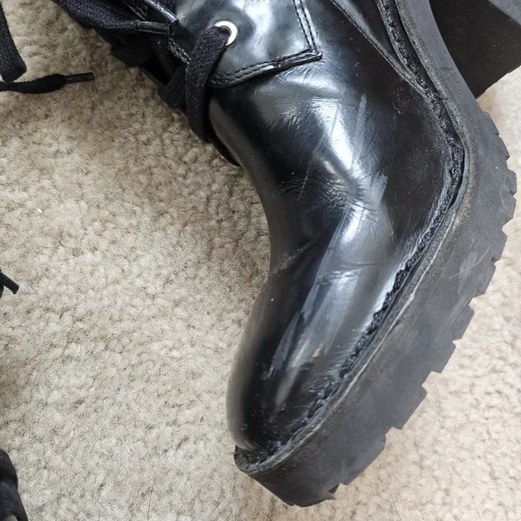 AllSaints Casey Black Leather Lace-Up Buckle Block Heel Ankle Boots SZ 40 - Picture 8 of 9